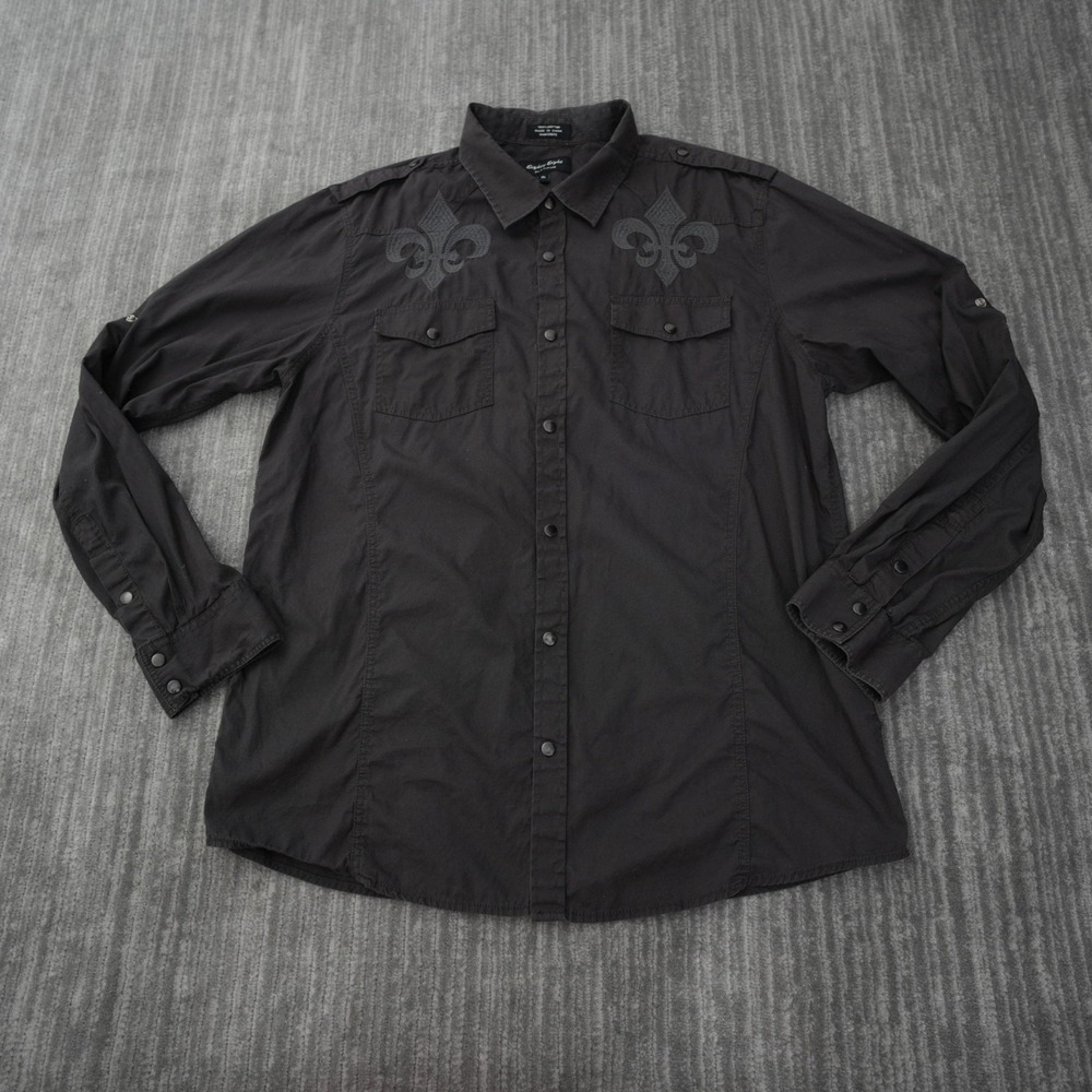 Eighty Eight Shirt Men Button Up Pearl Snap Black Long Sleeve Vintage Cotton XL